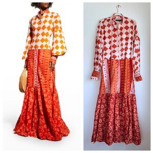 NWT Studio 189 Cotton Maxi Blouson Sleeve Shirt Dress in Orange Size Small